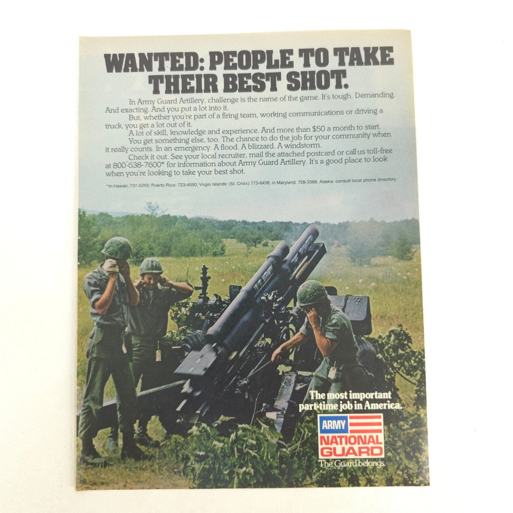 Vintage Army National Guard Artillery Print Ad Military Recruitment Decor Promo